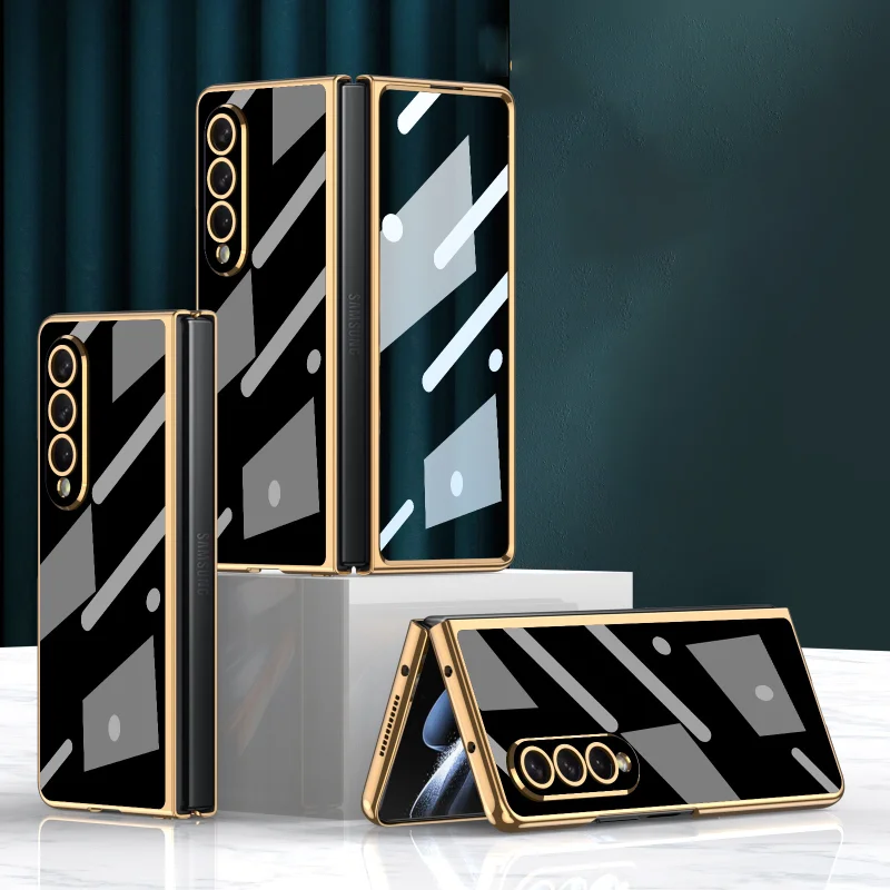 

Роскошный чехол карамельного цвета для Samsung Z Fold4, чехол с передним стеклом, гальваническим покрытием, противоударный чехол для Samsung Z, складной 4 Чехол