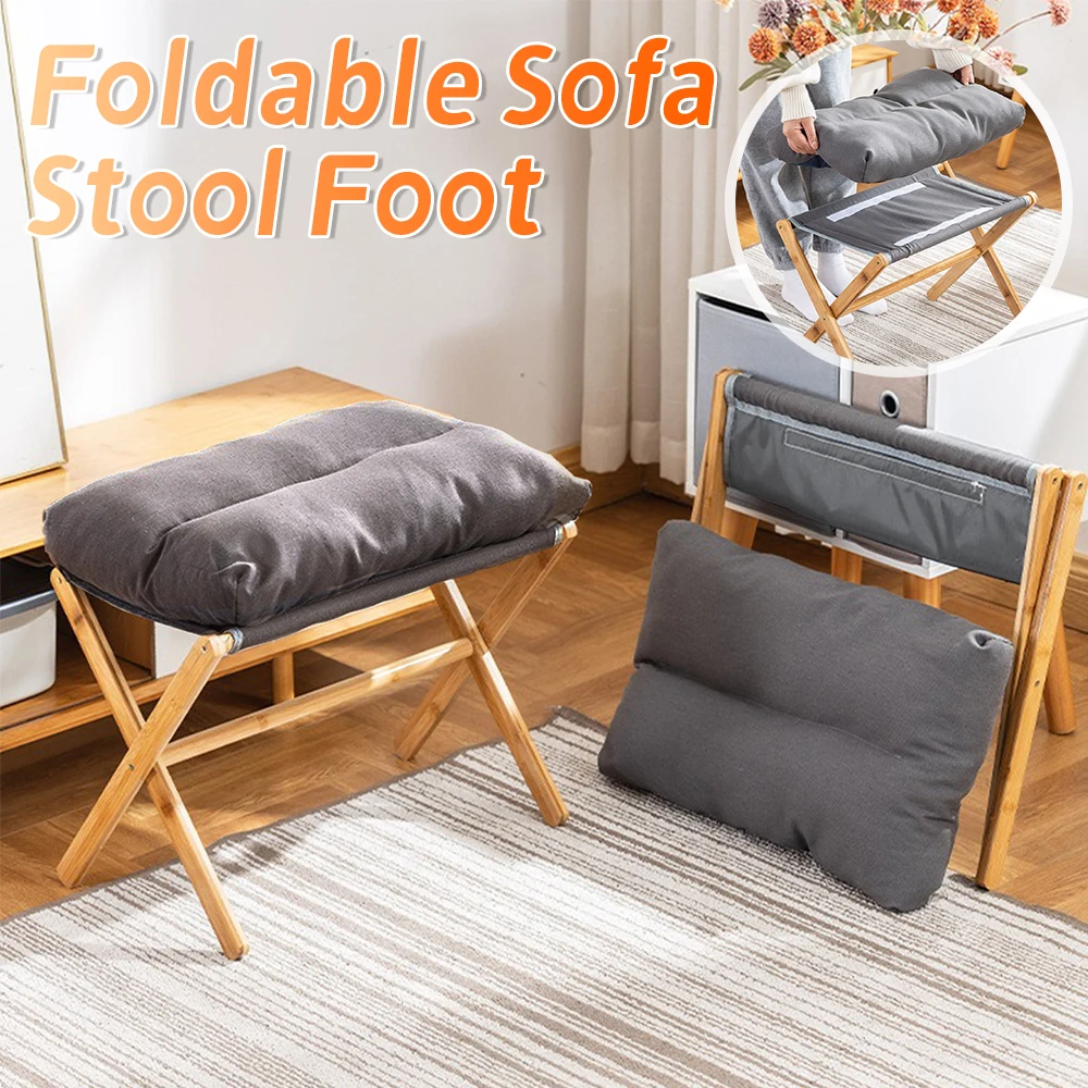 Foot Rest Bamboo Foldable Stool Foot Stools with Upholstered & X Legs Folding Stool for Home Makeup Bedroom and Living Room