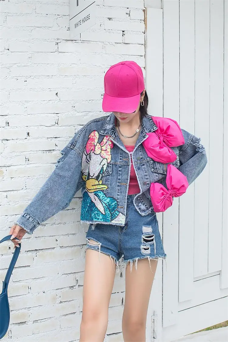 Teen Women's Short Denim Jacket with Cartoon Embroidered Sequins - true deals club