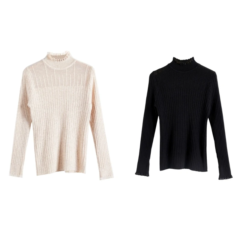 Ruffled Lace Half Turtleneck Sweater for Women Ribbed Knitted Bottoming Top