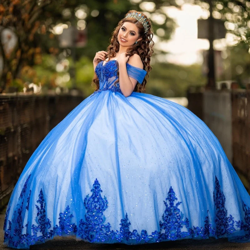 

Blue Shiny Quinceanera Dresses Off The Shoulder Appliques Lace Beads Tull Princess Sweet 16 Sparkly Ball Gown vestidos de 15