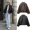 Vintage PU Leather Bomber Jackets 2025 Autumn New Ladies Zipper Lapel Long Sleeve Pocket Coat With Belt Women's Loose Streetwear