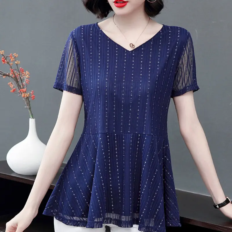 Elegant Women's V-Neck Silk Blend Summer Blouse