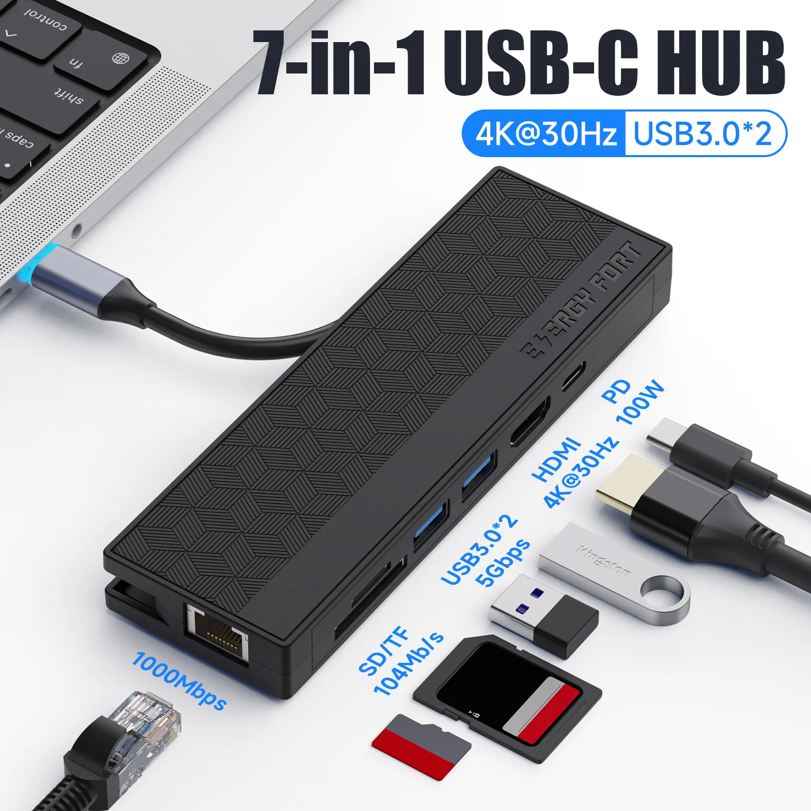 7 In 1 Usb-C Hub Rj45 Pd 100W Typec Hdmi 2.0 4K Usb3.0 Gigabit Ethernet Port Adapter Dock Per Macbook Air Pro M2 M1 Splitter