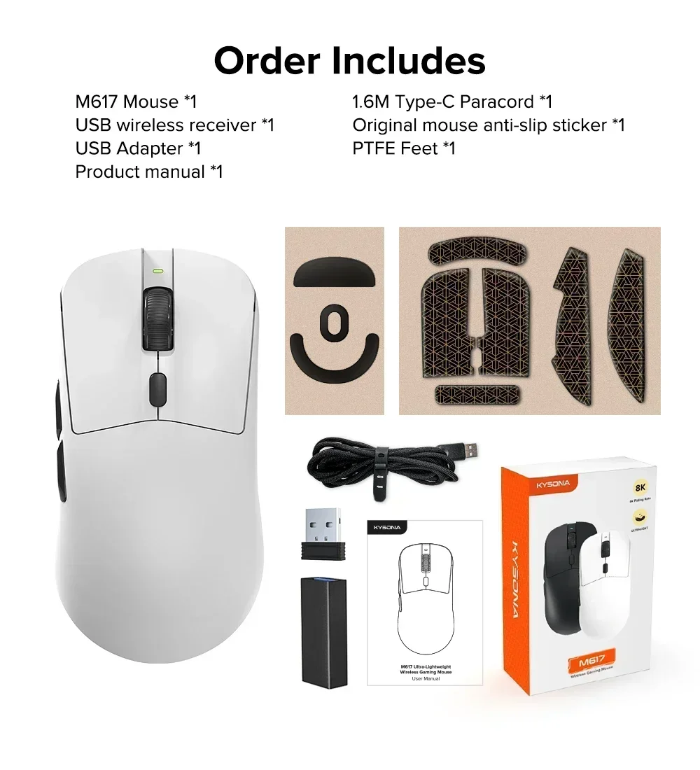 Kysona M6178khz Wireless Bluetooth Lightweight Gaming Mouse PAW3395 26000DPI Low Latency Rechargeable Wired Gaming Mouse