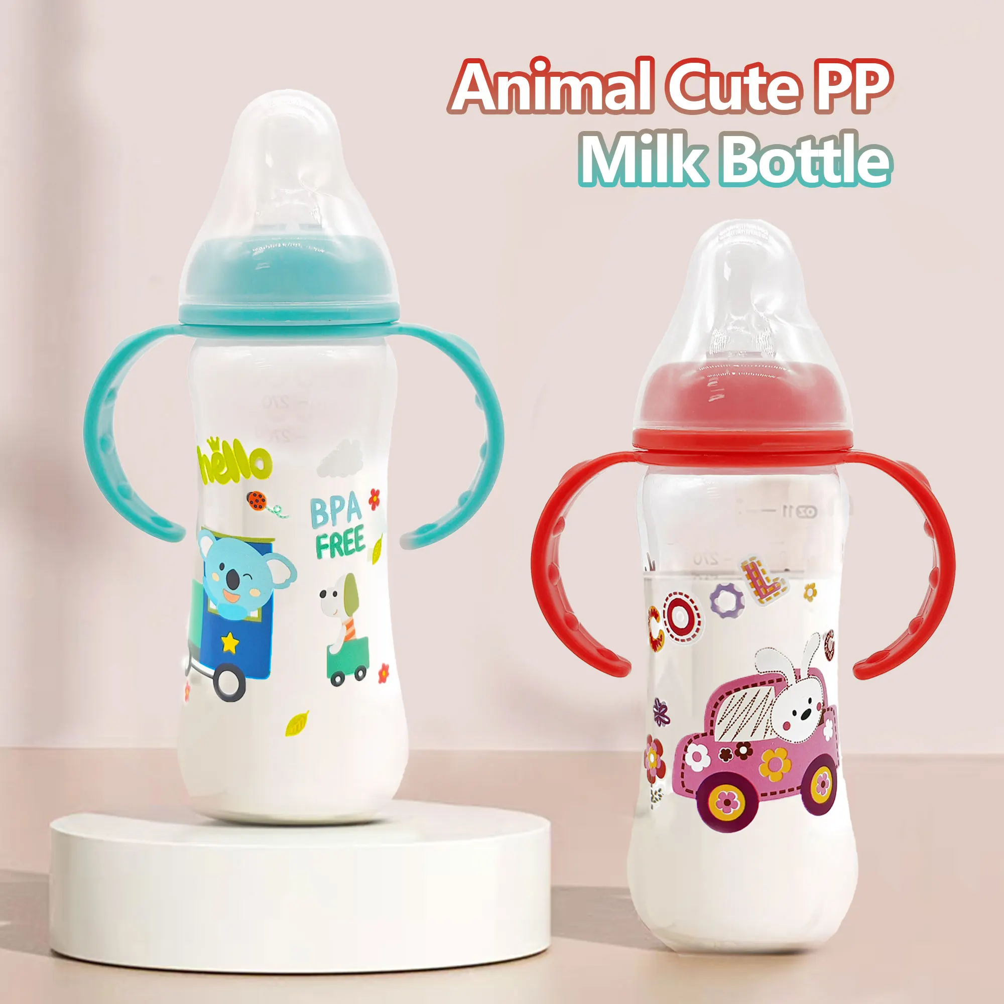 🍼 Pink Cartoon Bunny BPA Free Baby Feeder Bottle 270ml with Handle, Nipple & Cap – Leak Proof