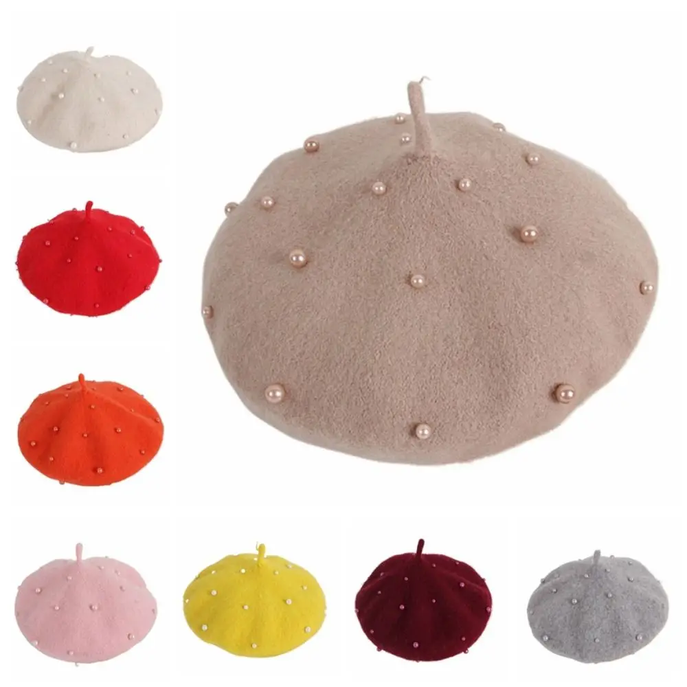 Fashion Pearl Children's Beret Solid Color Woolen Baby Wool Hat Thicken Korean Style Painter Hat Autumn