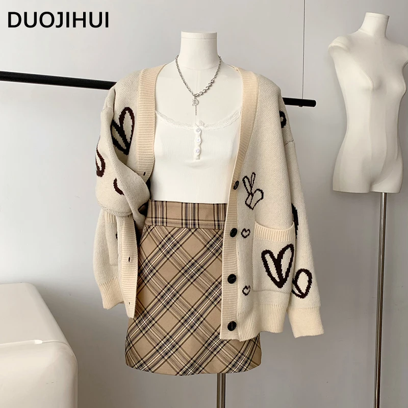 

DUOJIHUI Two Piece Basic Fashion Printing Sweet Female Cardigan New Classic Plaid Skirt Loose Simple Chic Pocket Women Cardigans