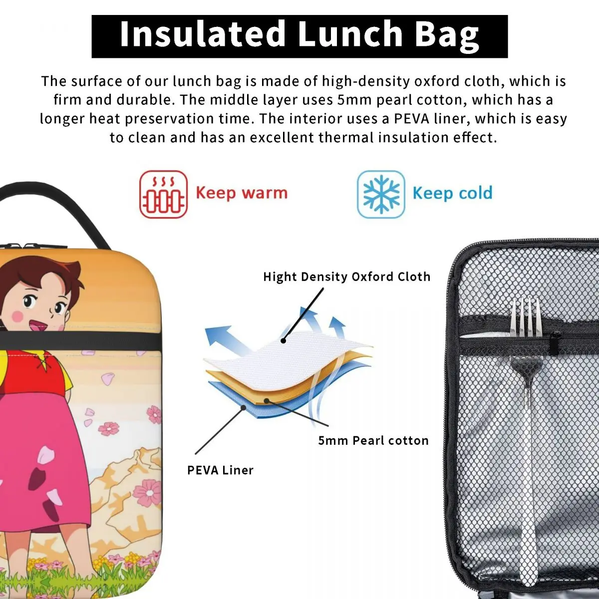 Heidi In Flowers Resuable Lunch Box Multifunction Alps Mountain Girl Anime Cooler Thermal Food Insulated Lunch Bag Office Work