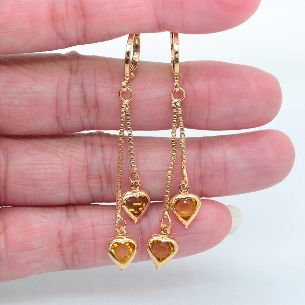 Women Fashion CZ Heart Drop Tassel Earrings Jewelry