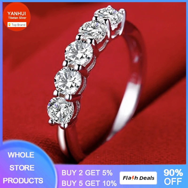 Female Eternity Promise Ring Allergy Free Tibetan Silver Ring Inlay 5pcs 3mm Cubic Zircon Engagement Wedding Band Women Rings silver rings silver ring wedding rings