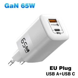 65W GaN Fast Charger with USB Quick Charge and UK Plug - EU Plug White