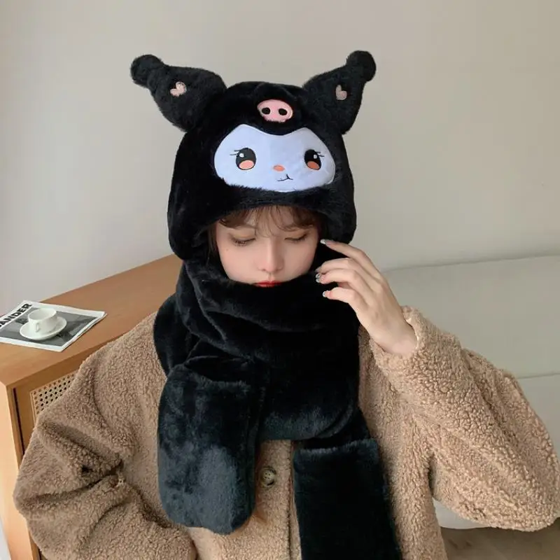 

New Kuromi Hat Kawaii Sanrio Mymelody Cinnamoroll Cartoon Plush Hat Scarf Gloves Three Piece Cute Girl Winter Warm Gift