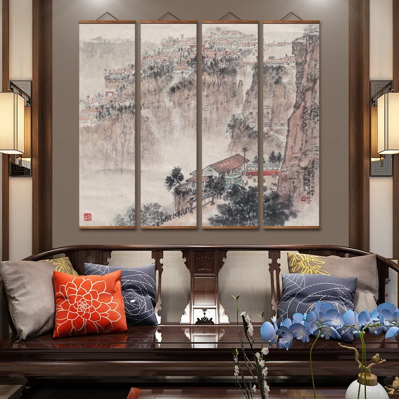 

MT0911 Chinese Style plateau city landscape Canvas Decorative Living Room Wall Art Posters Chinese Solid Wood Scroll Paintings