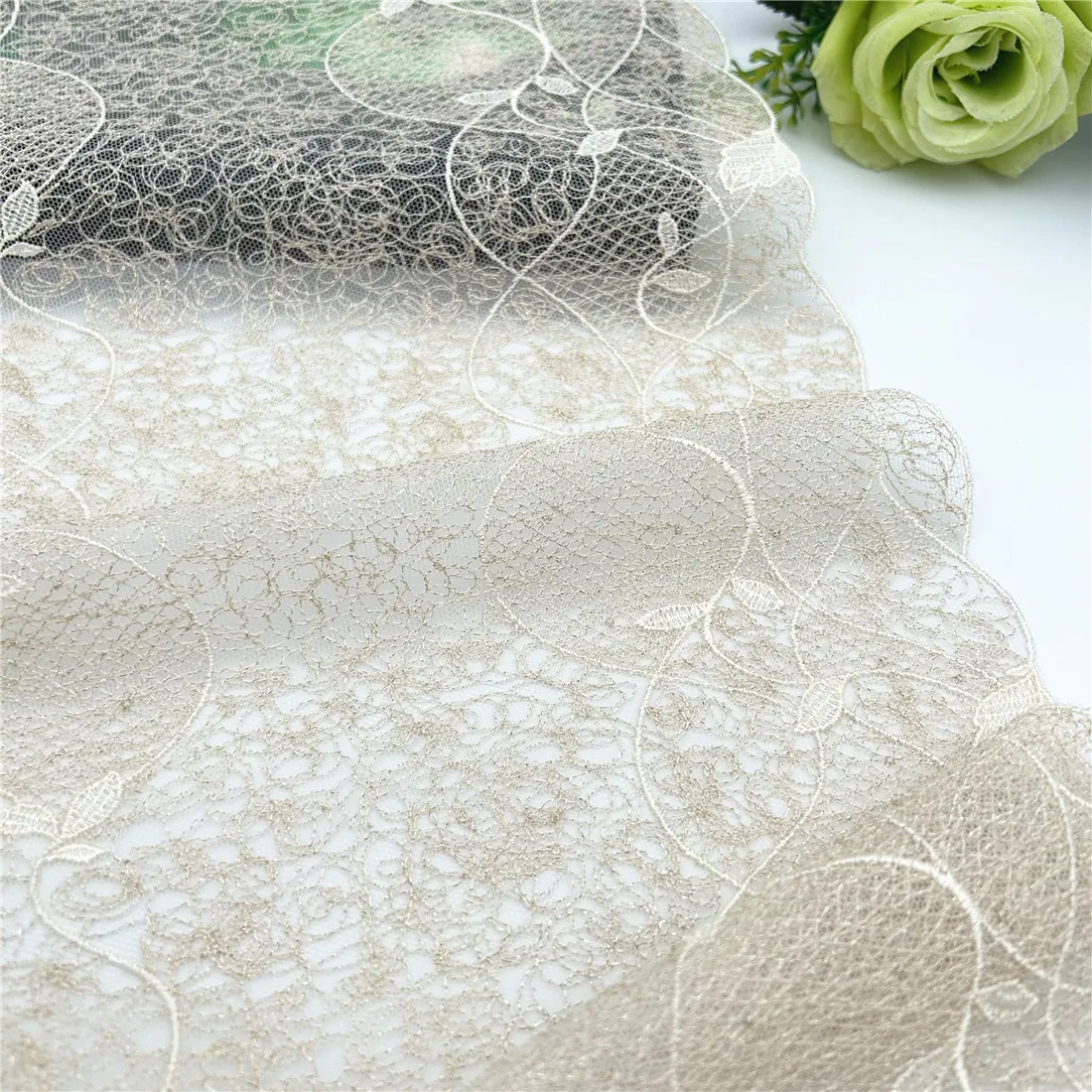 3y/Lot Width 9 3/4 inch 25cm Beige Shimmer No-elastic Embroidery Lace Trim Wedding Sewing Craft DIY Apparel Fabric Accessory 3