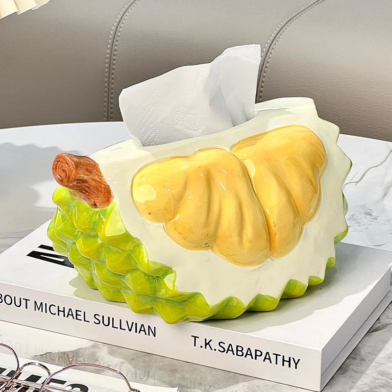 Creative Ceramic Fruit Durian Shaped Tissue Box Light Luxury Napkin Box Home Living Room Bedroom Hotel Tea Table Decoration, 1Pc