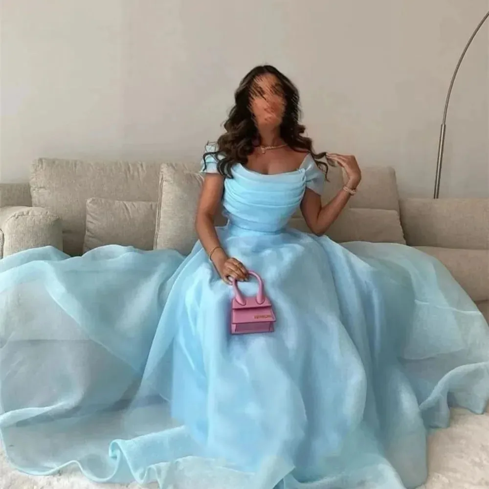 Sky Blue Prom Dressess Organza Strapless Puffy Evening Dress Custom Simple A-line Pleat Saudi Arabia 2023