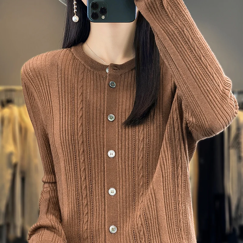 

Spring new fine imitation wool knitted cardigan women's thin coat round neck loose hollow long sleeve blouse 2024