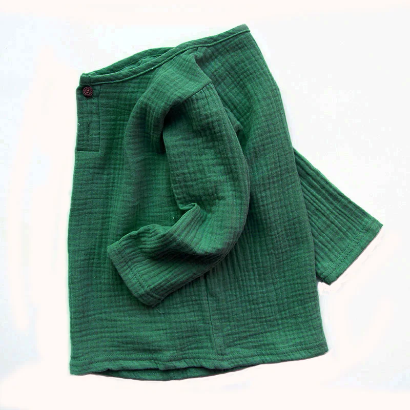 Spring Kids T-shirts Baby Linen Pleated Solid Color Tops Children Long Sleeve For Boys and Girls
