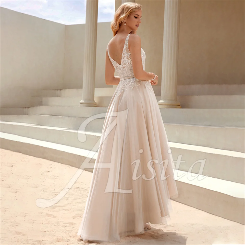 Princess A-line Wedding Dresses V-Neck Asymmetrical Lace Tulle Bride Dresses V Back Wedding Dresses For Woman Dresses Vestidos