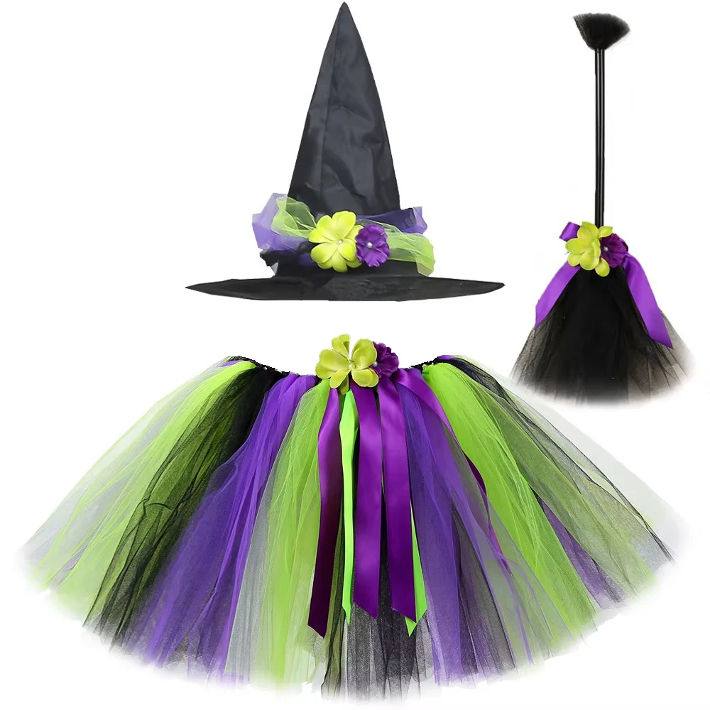 Witch Tutu Skirt Outfit for Girls Halloween Dress Up Costumes with Flower Hat Broom Kids Fluffy Ballet Tutus
