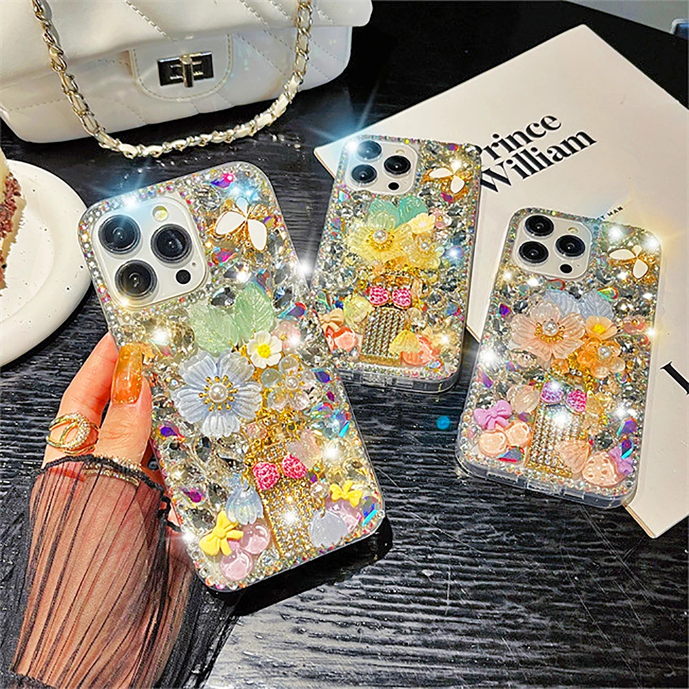 

Роскошный яркий бриллиантовый чехол с бабочкой и цветами для iPhone15 14 13 12 11Pro Max X XS XR 7 8 Plus, блестящий чехол