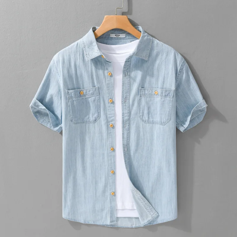 Denim Shirt Light and Thin Summer Short-sleeved Denim Shirt for Men Suitable for Daily Commuting