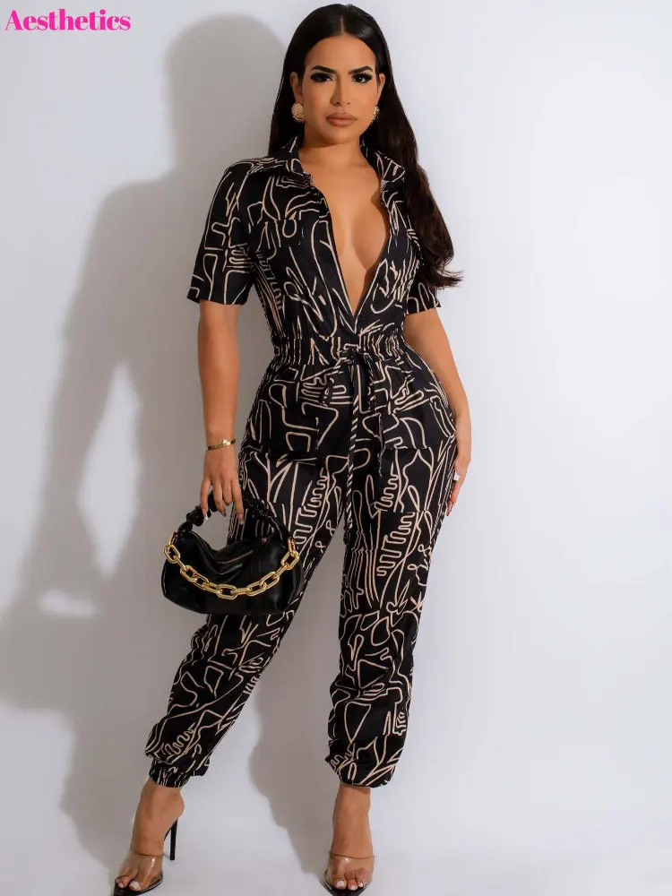 

Fashion Abstract Printed Jumpsuit 2023 Women Summer Deep V-neck Bodycon Overalls Elastic Waist Short Sleeve Party Bodysuit