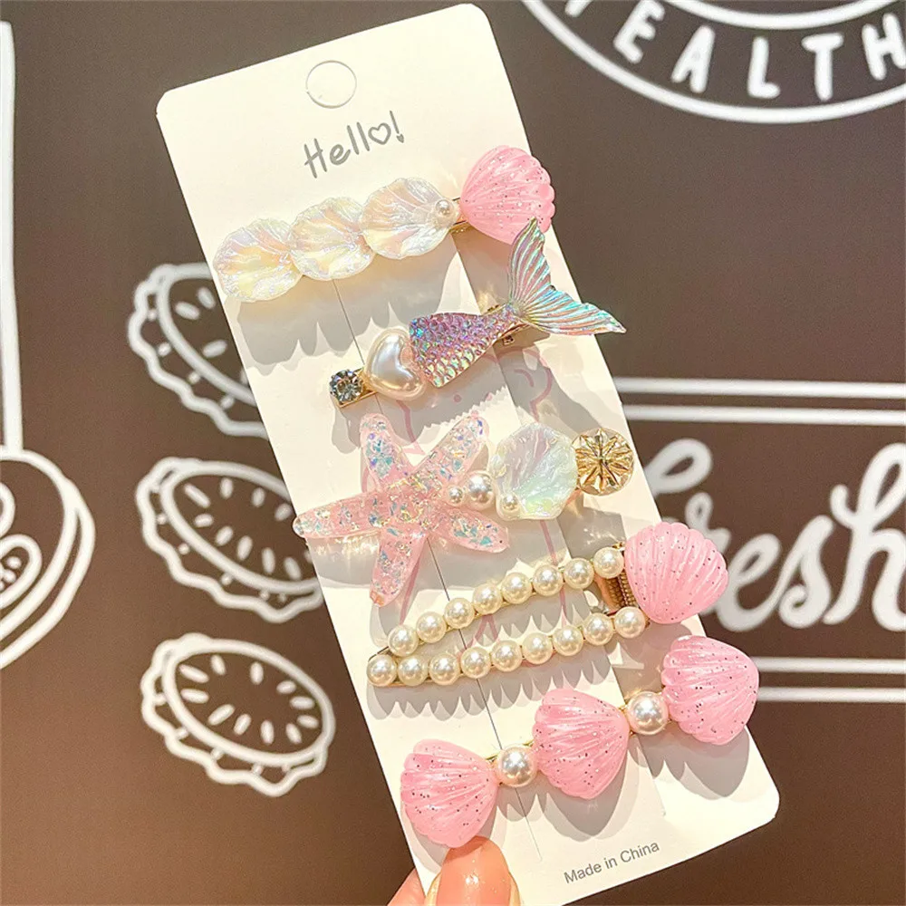 5 Pcs Cute Hair Clip Set Bangs Hairpin Mermaid Shell Starfish Pearl Sea princess Baby Girl Barrettes Hair Accessories 6
