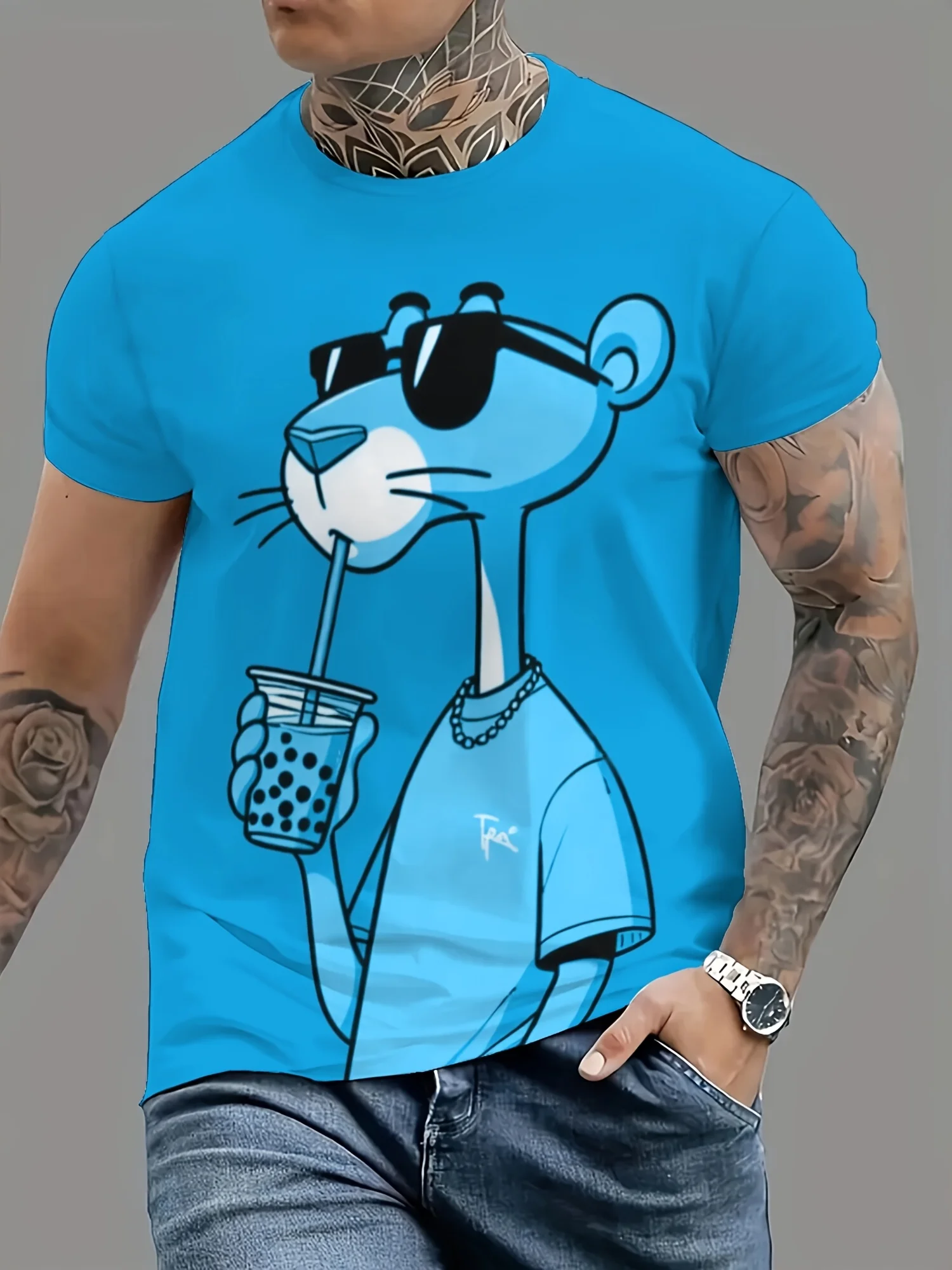 Summer New Mens T-shirts Cartoon Pink Panther Print Short Sleeve O-neck Tees Casual Loose Daily Sports Oversized Unisex Tops 4