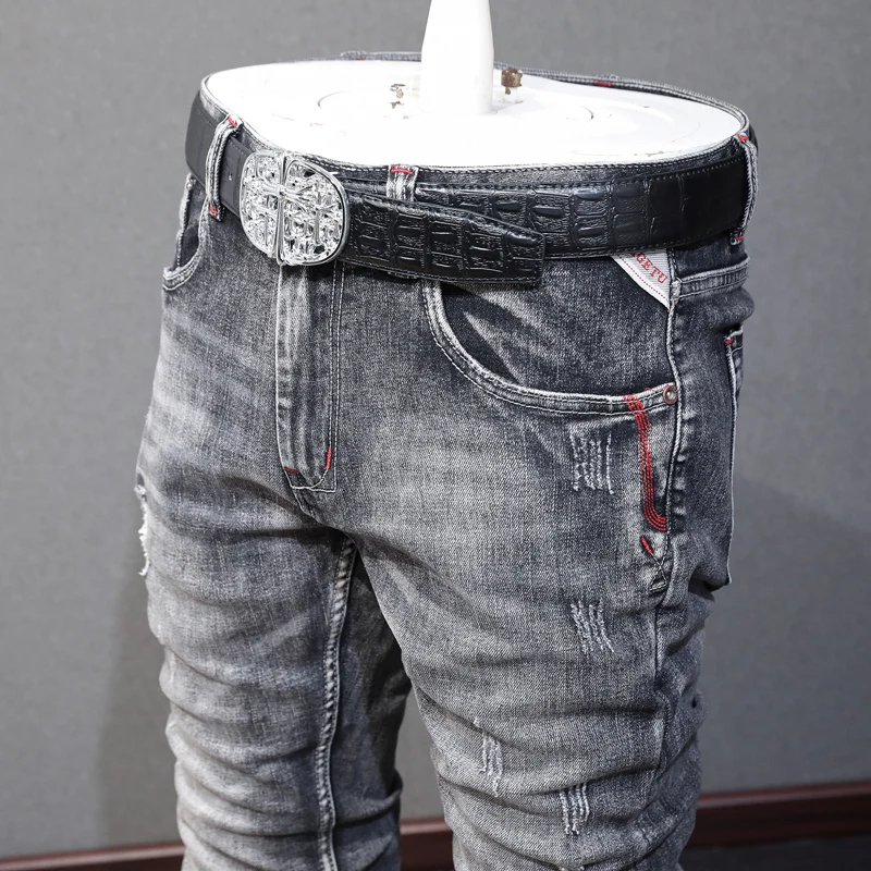Italian Style Fashion Men Jeans Retro Black Gray Elastic Slim Fit Ripped Jeans Men Red Line Designer Vintage Denim Pants Hombre