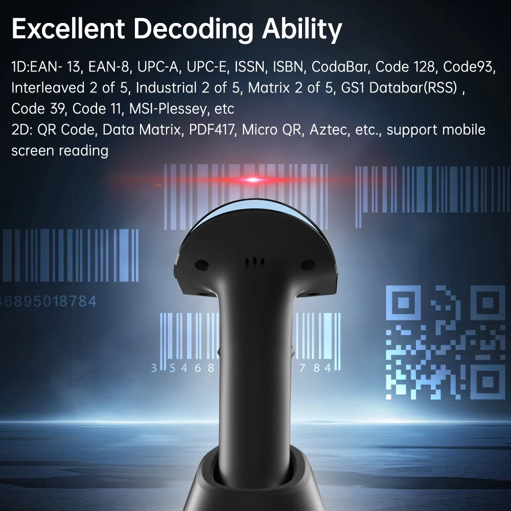 무선 2D 1D 바코드 스캐너, BT + 2.4G + USB 유선 고속 스캐닝, 받침대 무선 충전 스탠드 및 OLED 디스플레이 포함