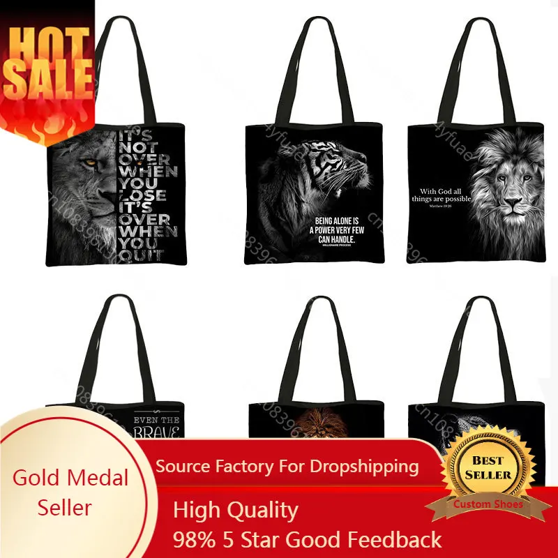 

Ferocious Lion Tiger Bear Print Tote Bags for Women Canvas Animals Handbags Shopping Printed Bag Fabric Reusable Shoulder Bags