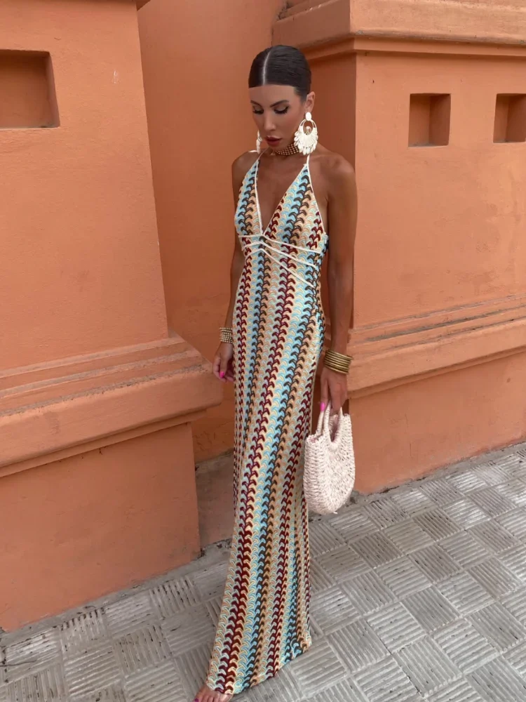 

Sexy Backless Colorful Wave Stripe Print Dress For Women Fashion V-neck Sleeveless Bodycon Vestidos 2024 New Beach Party Dresses
