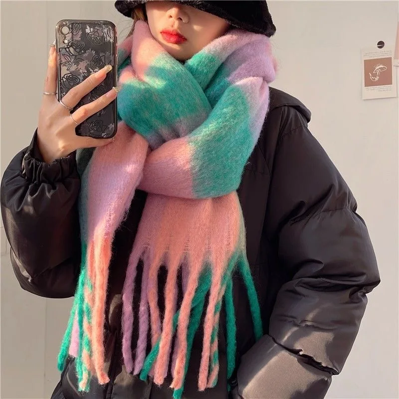 Mohair Rainbow Winter Plaid Cashmere Scarf Shawl Wrap Chequered Scarves Necks Warm Long Tassel Thicker bufanda invierno mujer 2