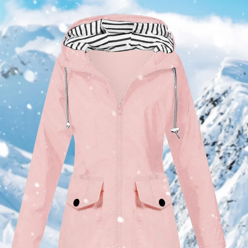 Autumn and Winter Women's Solid Color Spliced Long Sleeve Striped Midi Hooded Slim Zipper Pockets Fashion Casual Formal Tops