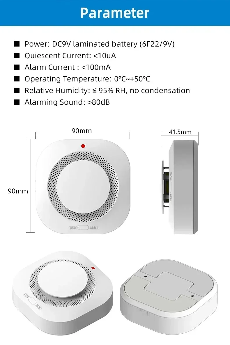 10-Year Lifespan Smoke Detector Alarm 80dB, Low Power & Easy Install for Home/Office Safety