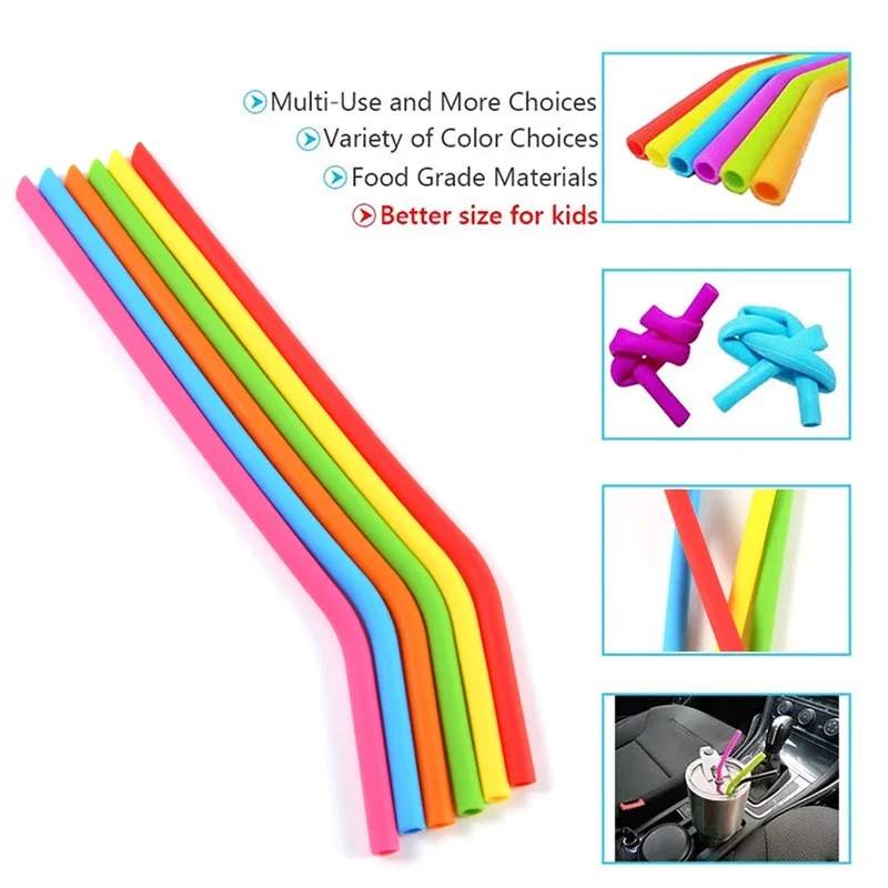 Reusable Silicone Drinking Straws Set 6Pcs Long Flexible Straws with Cleaning Brushes for 20 oz Tumbler Bar Party reusable silicone straws