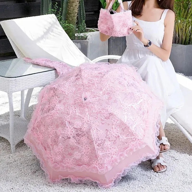 Double Layer Black Rubber Lace Sun Umbrella, Ladies High-end Photo Studio Wedding Dress Hanfu French Retro Parasol Umbrella, 1Pc