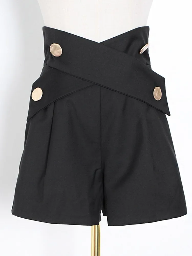 KBQ Spliced Double Breasted Solid Shorts For Women High Waist Casual Crisscross Patchwork Pockets Pants Female Fashion Clothing