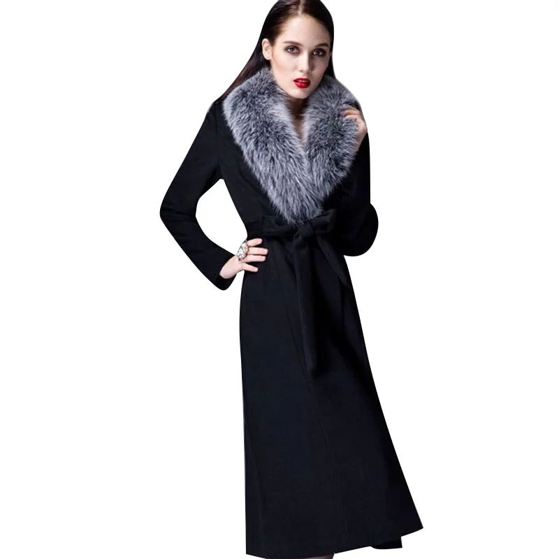 

Brand Woolen Coat Woman Autumn Winter Overknee Thick Warm Wool Real Fox Fur Collar Oversize Thickened Trench