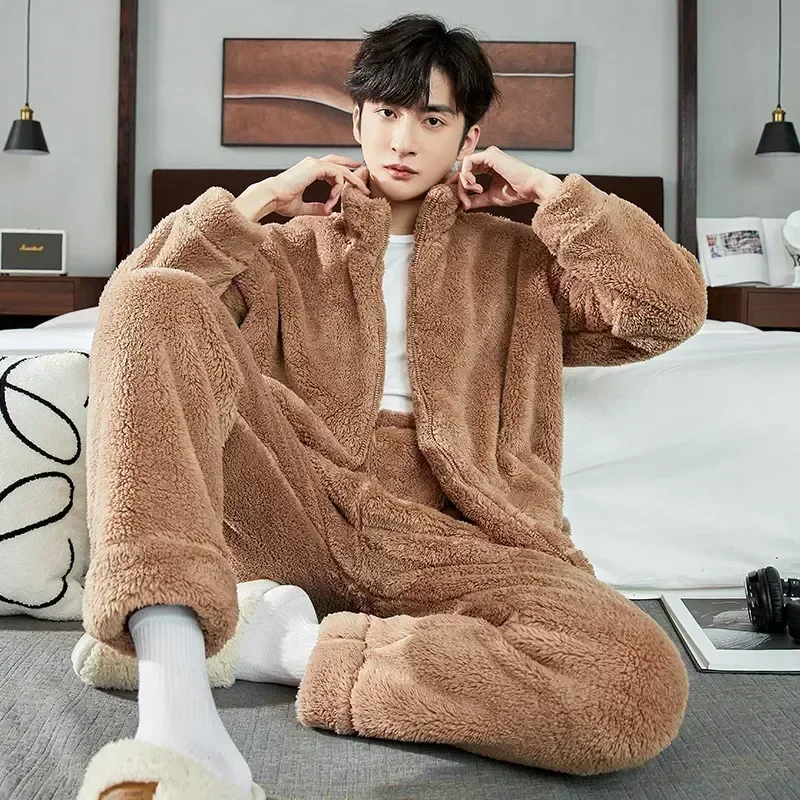 

Piece Pj Loungewear Clothes Pyjamas Pajamas 2 Sleeve Coral Set Male Thicken Long Winter Men Autumn Sleepwear Flannel Home Fleece