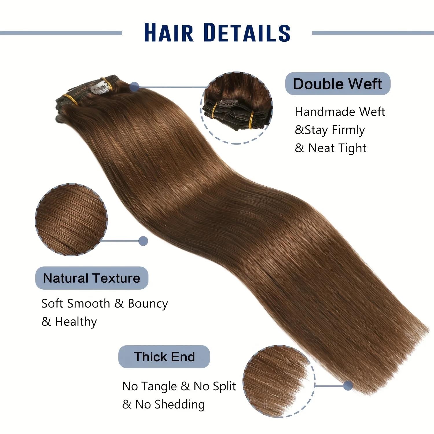 #4 Color Clip in Hair Extensions 8pcs Double Weft Human Hair Full Head Extensions 18 Clips 18"-24"For Women