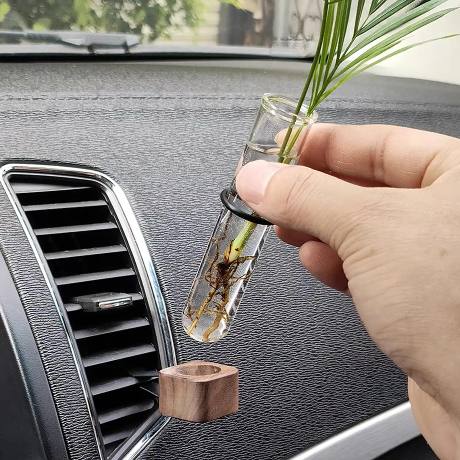 Stable Mini Car Flower Vase Clip Elegant Adjustable Car Vent Flower Vase Walnut And Glass Creative Car Vent Dashboard Decoration