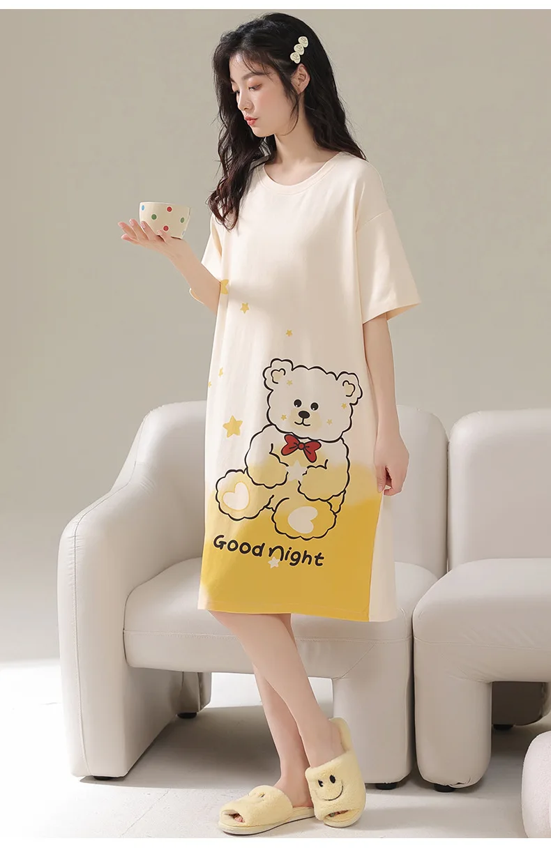Women Large Size Pajamas Short-Sleeved Nightgown Cartoon Bear 5xl Long Student Robe Rabbitlong Skirt Loungewear Girl Dress