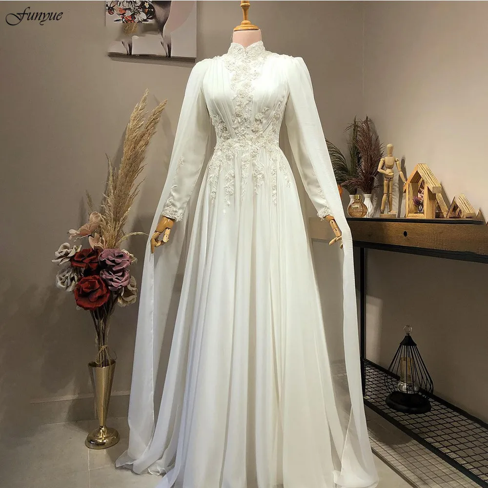 

Элегантное мусульманское свадебное платье Funyue с длинным рукавом для невесты, с высоким воротом, исламский хиджаб, свадебные платья с искусственной драгоценностью