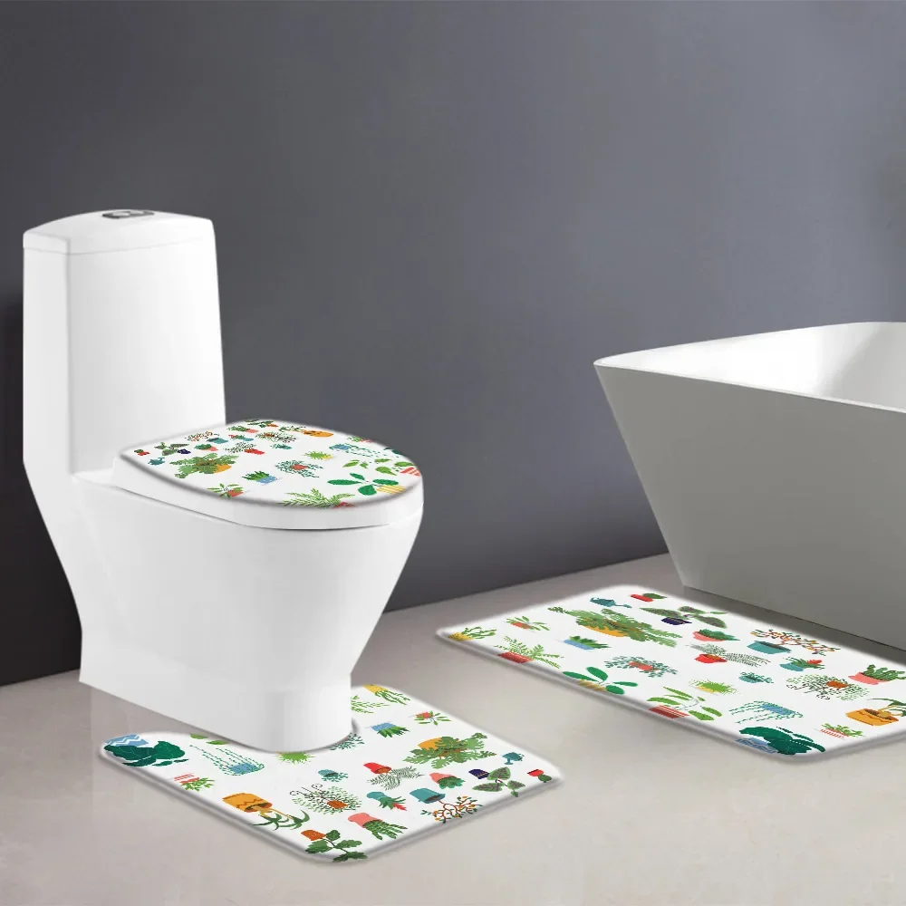 Watercolor Cactus Bathroom Sets Green Potted Plant Shower Curtain Non-Slip Rug Colorful Bohemian Toilet Lid Cover Bath Mat Home 5