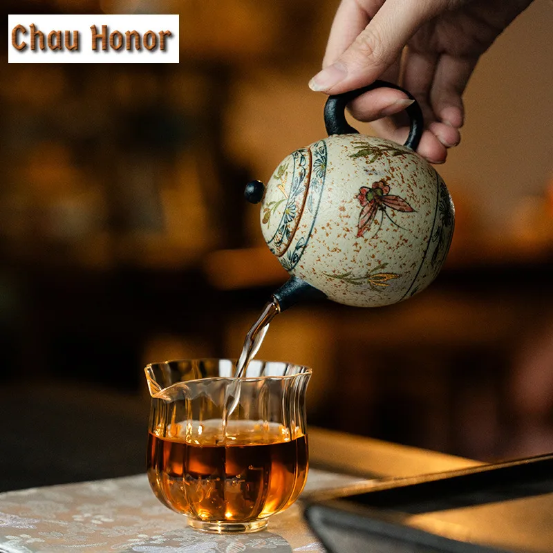 160ml Blue And White Flint Red Teapot Retro Gold Drawing Butterfly Egg Shaped Pot Tea Maker Kettle Tea Ceremony Decoration Gifts