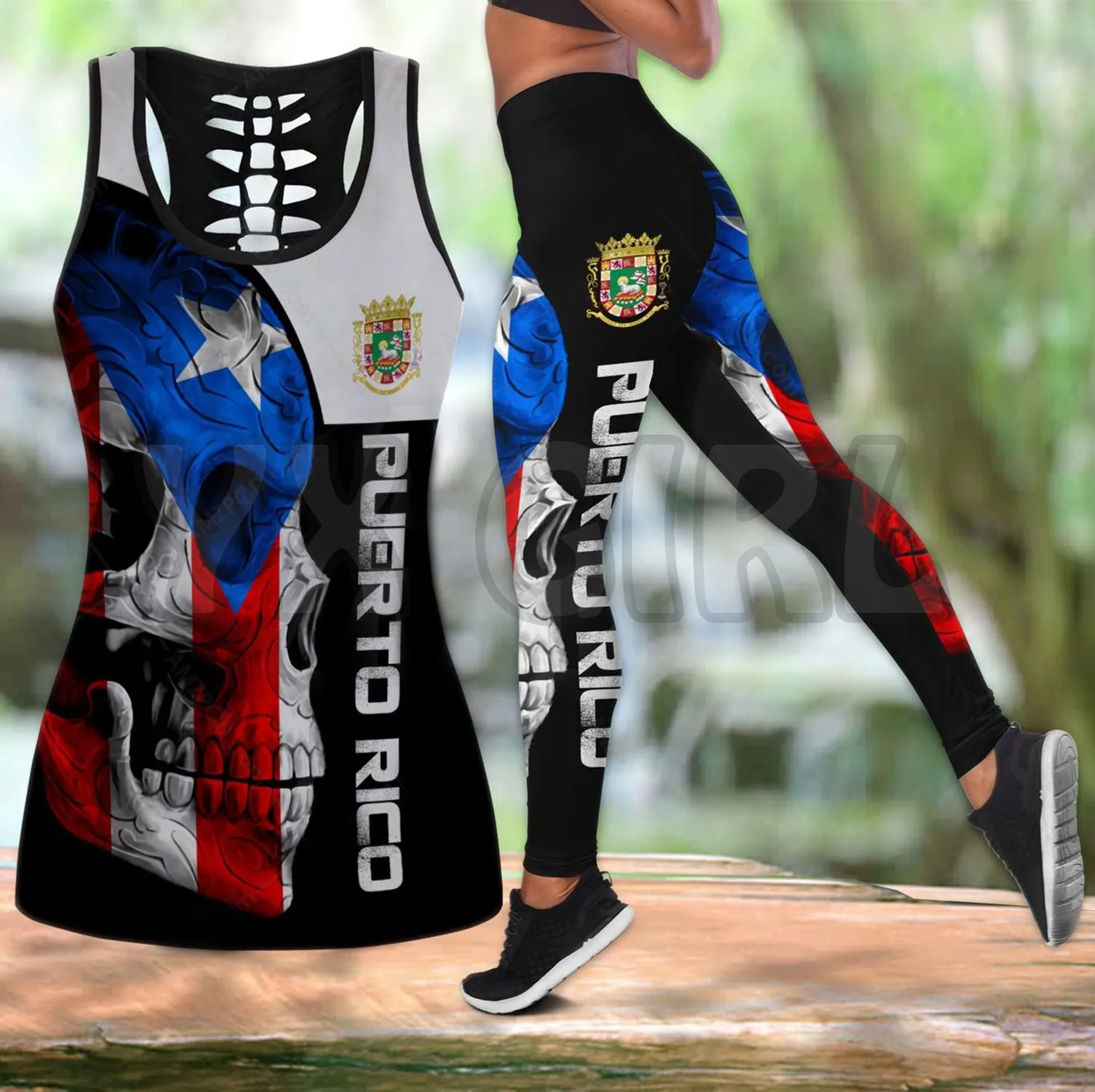 Puerto Rico With Skull 3D Printed Tank Top+Legging Combo Outfit Yoga Fitness Legging Women puerto rico maga flower lover 3d all over printed tank top legging combo outfit yoga fitness legging women