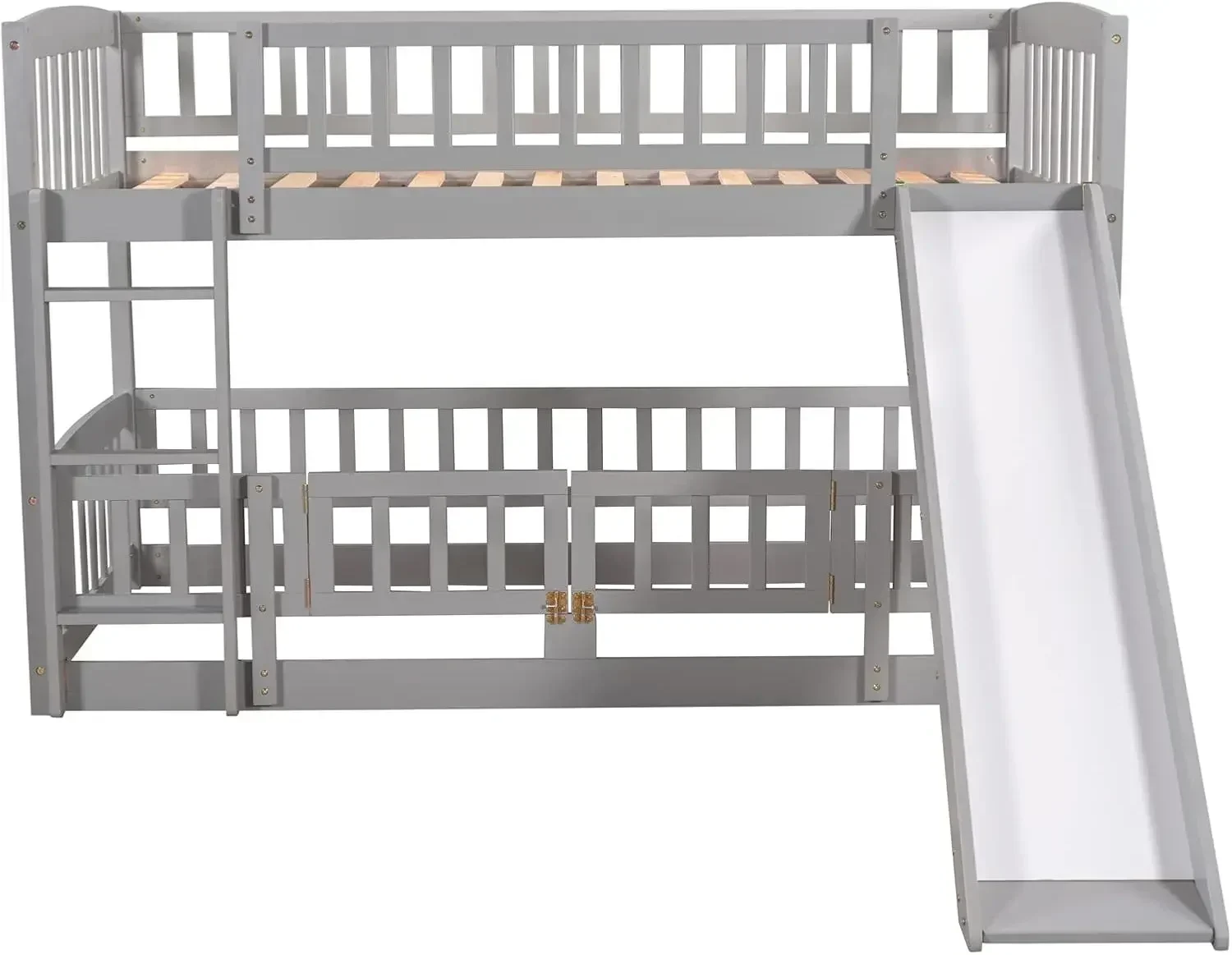 Low Bunk Bed with Slide Twin Over Twin Bunk Beds for Kids Toddlers, Wood Floor Beds Frame with Rails for Boys Girls Teens, Gray
